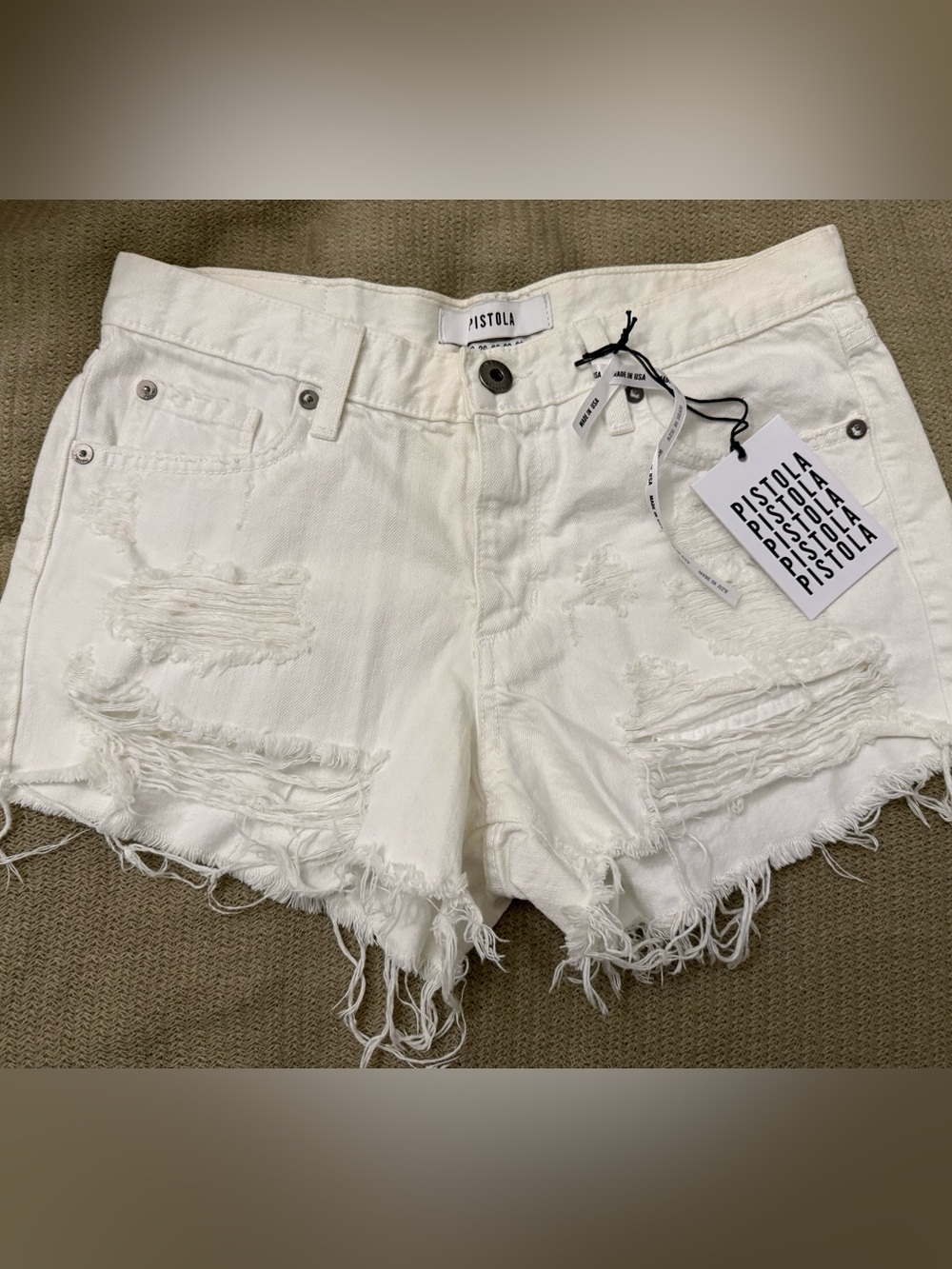 Pistola White Distressed Frayed Denim Shorts